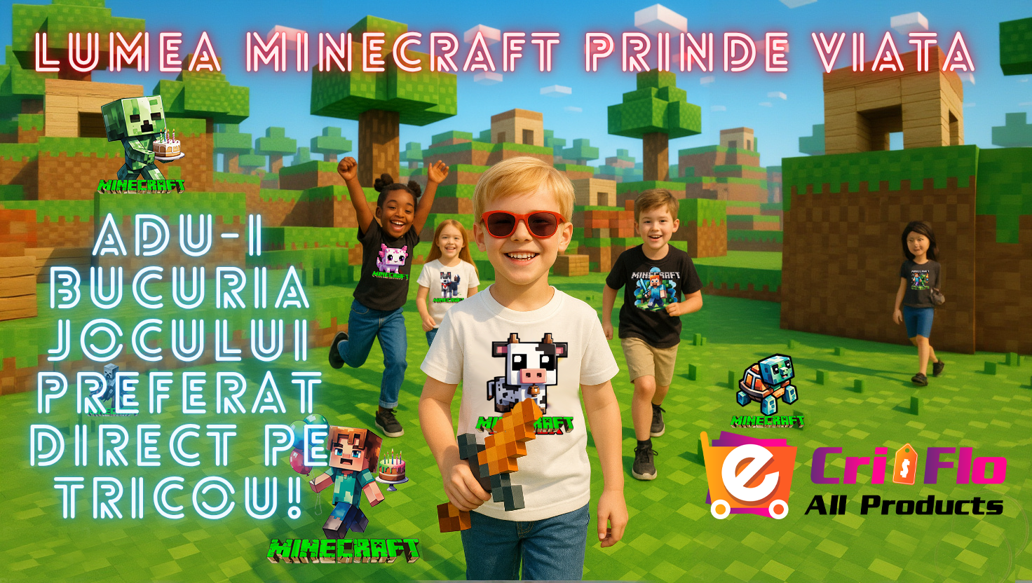 Tricouri personalizate pentru copii, fete si baieti, culoare alb si negru personalizate cu Minecraft